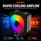 HotBell RGB CPU air cooler with six 6mm heat pipes, dense aluminum fins, and rapid airflow for desktop cooling.