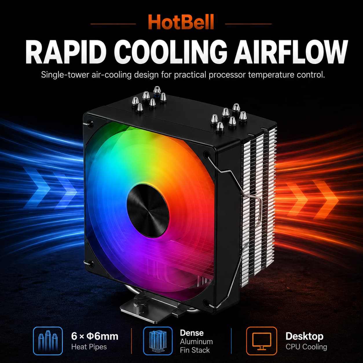 HotBell RGB CPU air cooler with six 6mm heat pipes, dense aluminum fins, and rapid airflow for desktop cooling.
