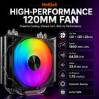 HotBell CPU air cooler with 120mm RGB PWM fan, 1800 RPM speed, 64.59 CFM airflow, and hydraulic bearing.