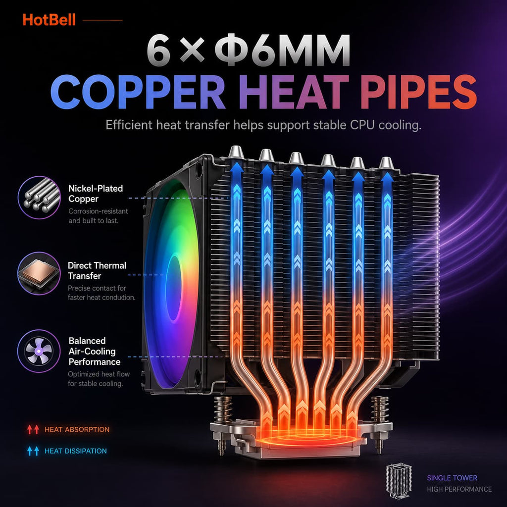 HotBell single-tower CPU cooler showing six 6mm copper heat pipes for direct heat transfer and stable cooling.