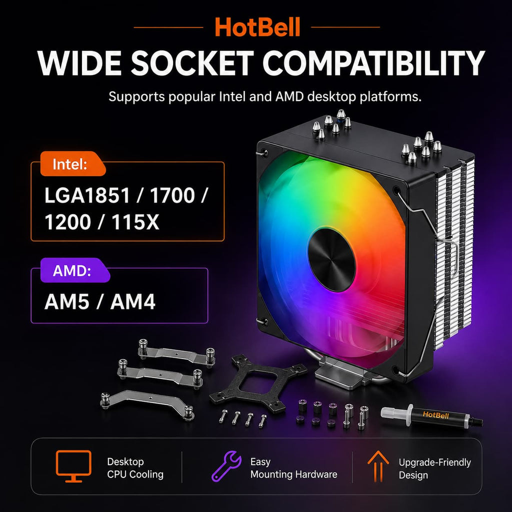 HotBell compact single-tower CPU cooler dimension diagram showing 153mm height, 120mm width, and 90mm depth.