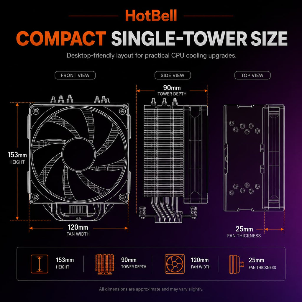 HotBell compact single-tower CPU cooler dimension diagram showing 153mm height, 120mm width, and 90mm depth.