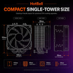 HotBell compact single-tower CPU cooler dimension diagram showing 153mm height, 120mm width, and 90mm depth.