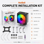HotBell RGB CPU air cooler installation kit with retail box, mounting brackets, screws, thermal paste, and accessories.