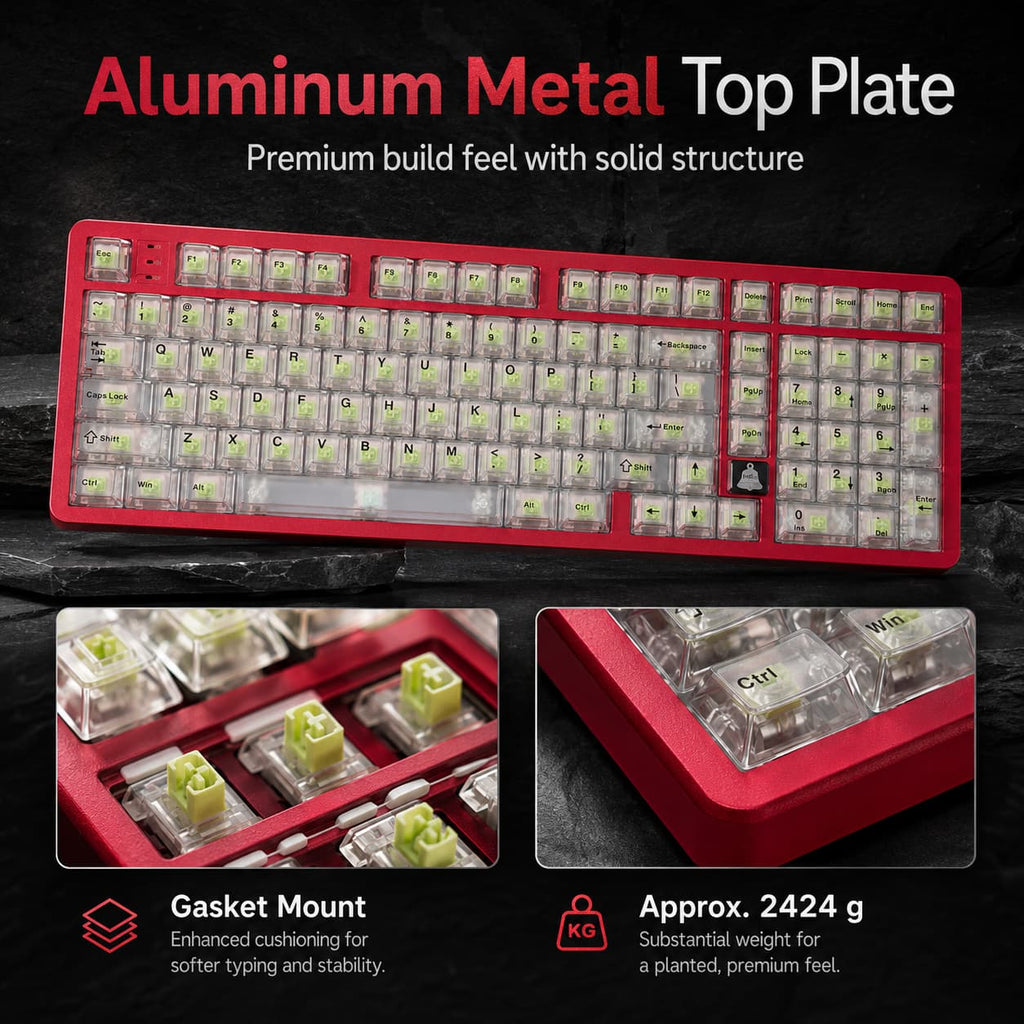 HotBell FireStrike Pro red mechanical keyboard with aluminum top plate, gasket mount, and transparent keycaps