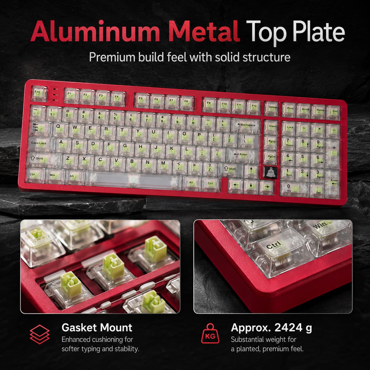 HotBell FireStrike Pro red mechanical keyboard with aluminum top plate, gasket mount, and transparent keycaps