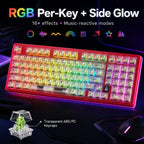 A mechanical keyboard with a red frame, shown on a dark desk with a mouse and cable. Text highlights 'RGB Per-Key + Side Glow', '16+ effects • Music-reactive modes', and 'Transparent ABS/PC Keycaps' with a small inset showing the keycap construction.