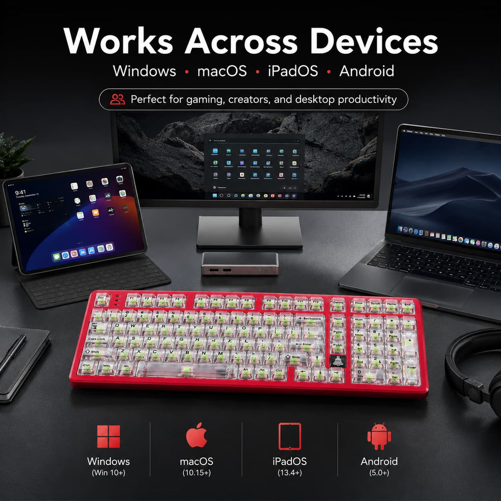 HotBell FireStrike Pro tri-mode mechanical keyboard compatible with Windows, macOS, iPadOS, and Android
