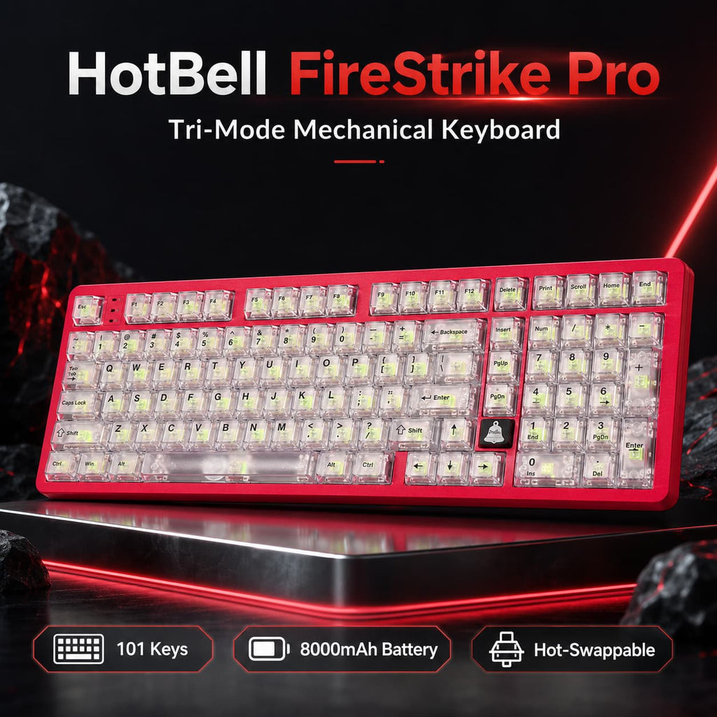 HotBell FireStrike Pro red tri-mode mechanical keyboard with 101 keys, 8000mAh battery, and hot-swappable switches