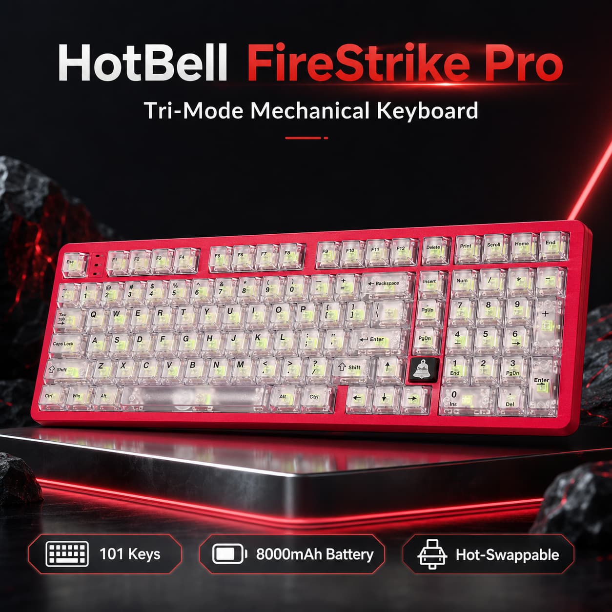 HotBell FireStrike Pro red tri-mode mechanical keyboard with 101 keys, 8000mAh battery, and hot-swappable switches