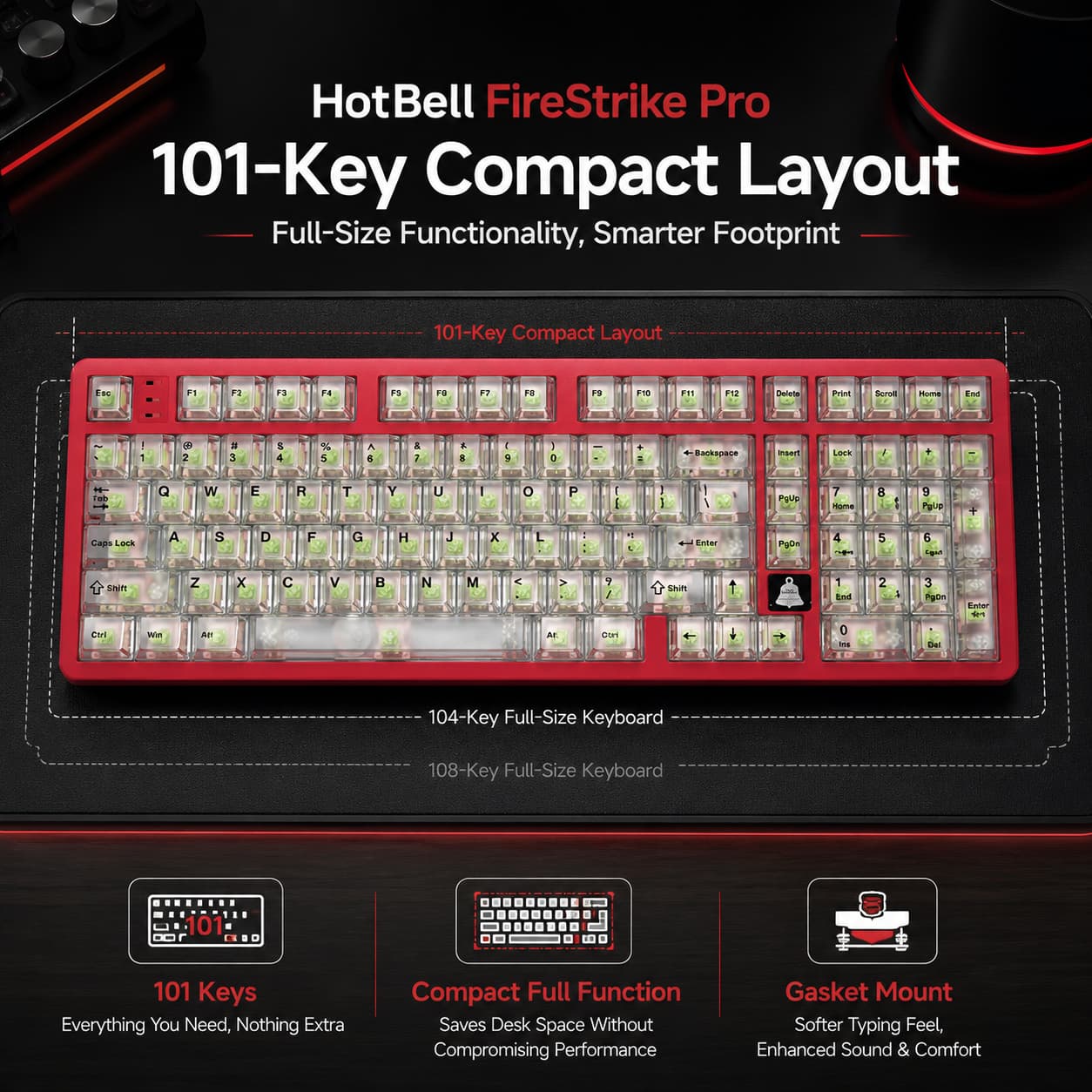 HotBell FireStrike Pro 101-key compact mechanical keyboard with transparent keycaps and gasket mount