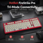 HotBell FireStrike Pro tri-mode keyboard with USB-C wired, 2.4GHz wireless, and Bluetooth connections