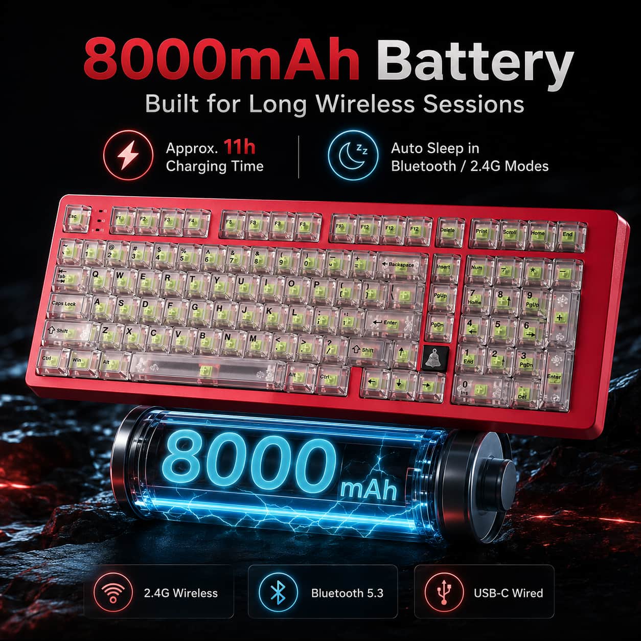 HotBell FireStrike Pro wireless mechanical keyboard with 8000mAh rechargeable battery and auto sleep mode