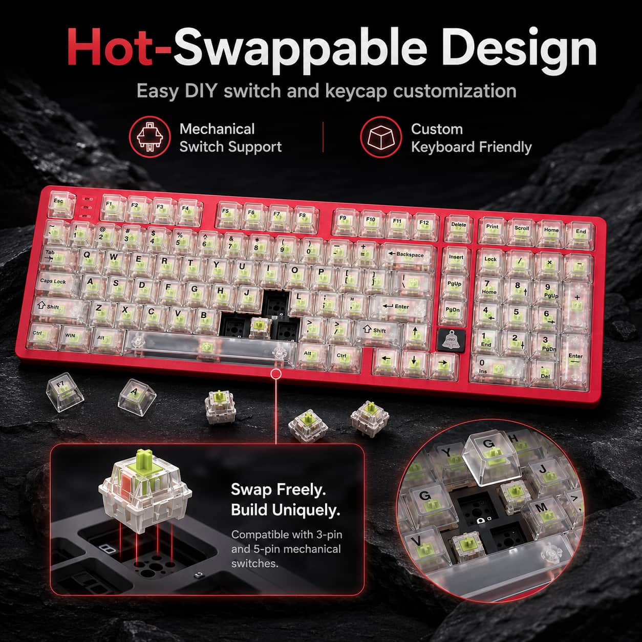 HotBell FireStrike Pro hot-swappable mechanical keyboard supporting compatible 3-pin and 5-pin switches