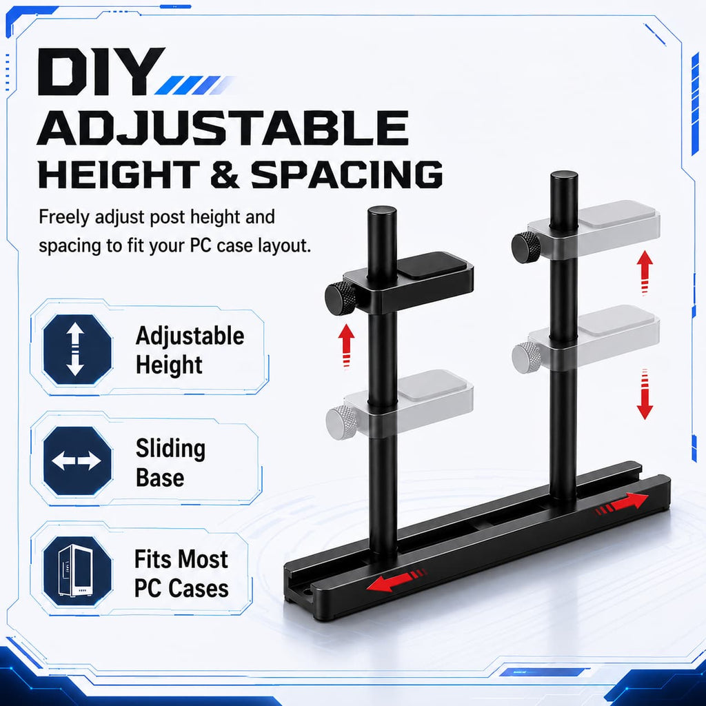 HotBell dual-post GPU support bracket with adjustable height and sliding base for different PC case layouts
