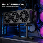 HotBell black dual-post GPU support stand installed beneath a triple-fan graphics card in a gaming PC