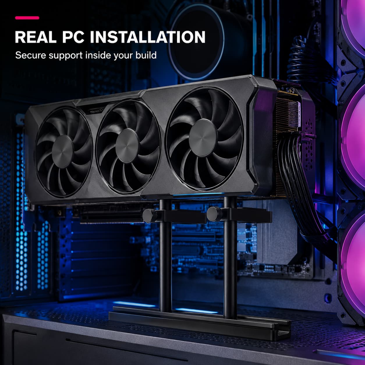 HotBell black dual-post GPU support stand installed beneath a triple-fan graphics card in a gaming PC