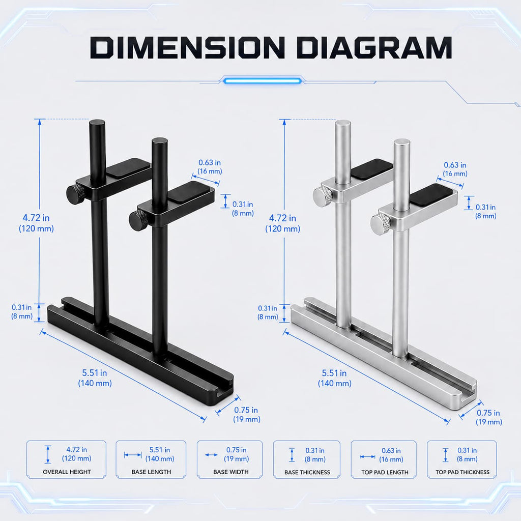 HotBell dual-post GPU support bracket dimension diagram showing black and silver models with measurements