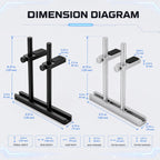 HotBell dual-post GPU support bracket dimension diagram showing black and silver models with measurements
