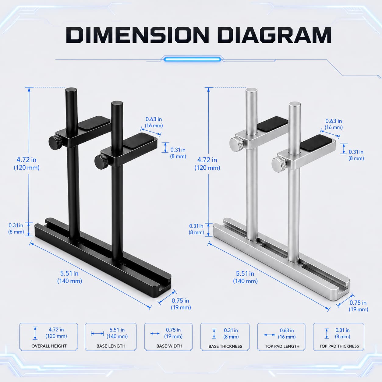 HotBell dual-post GPU support bracket dimension diagram showing black and silver models with measurements