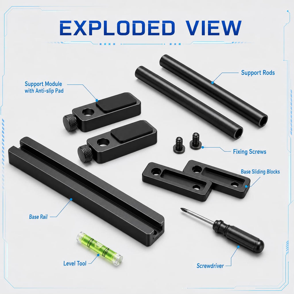 Exploded view of HotBell GPU support bracket with rods, anti-slip pads, base rail, screws, and tools