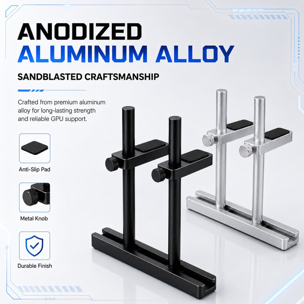 HotBell anodized aluminum dual-post GPU support brackets in black and silver with anti-slip pads