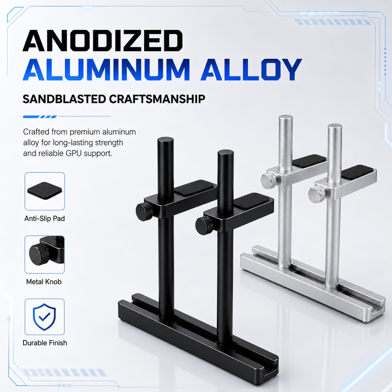 HotBell anodized aluminum dual-post GPU support brackets in black and silver with anti-slip pads