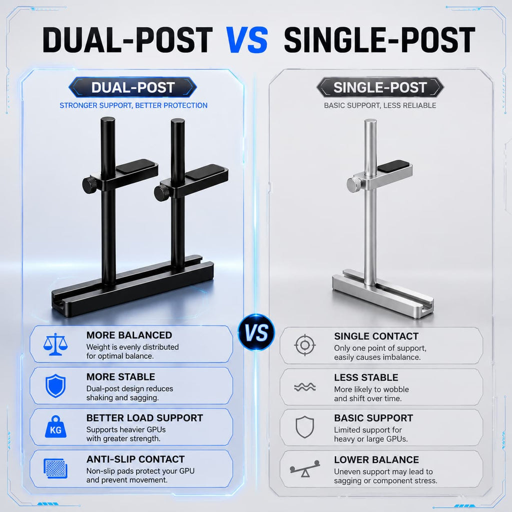 HotBell dual-post GPU support bracket compared with a single-post graphics card support stand