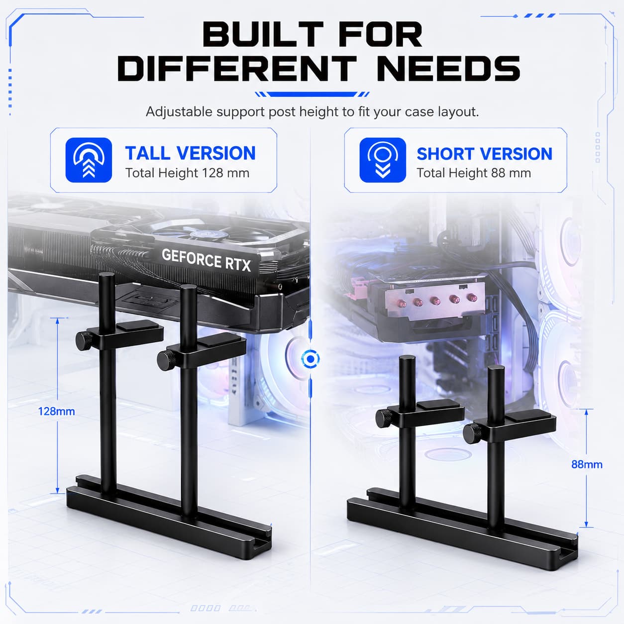HotBell adjustable GPU support stand shown in 128 mm tall and 88 mm short configurations