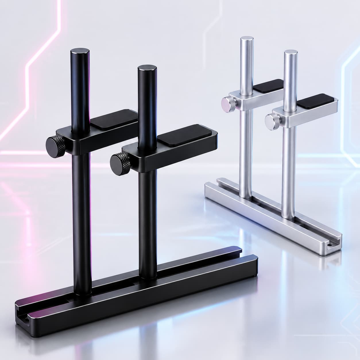 HotBell adjustable dual-post GPU support stands in black and silver aluminum finishes