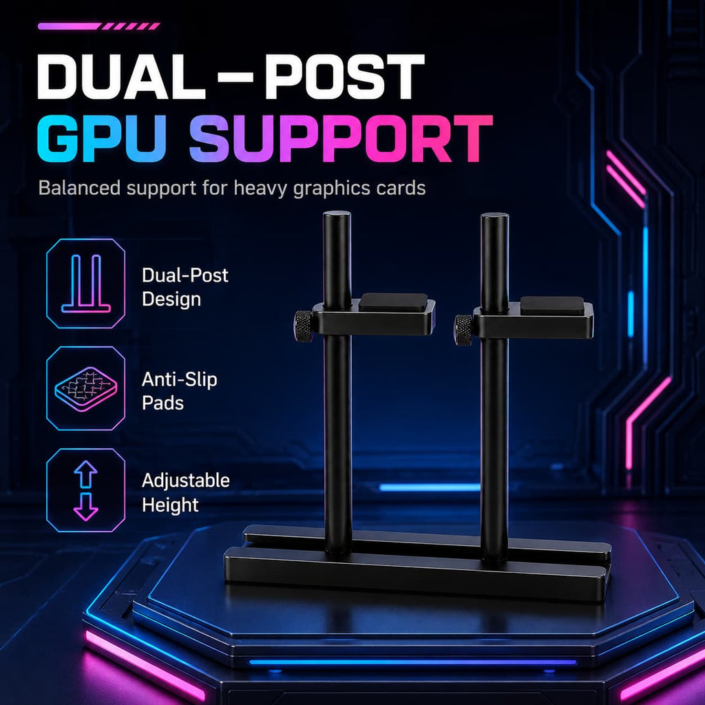 HotBell black dual-post GPU support bracket with anti-slip pads and adjustable height