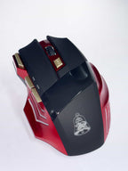 HotBell HGBM1 red and black wireless gaming mouse photographed from an elevated side angle on white background