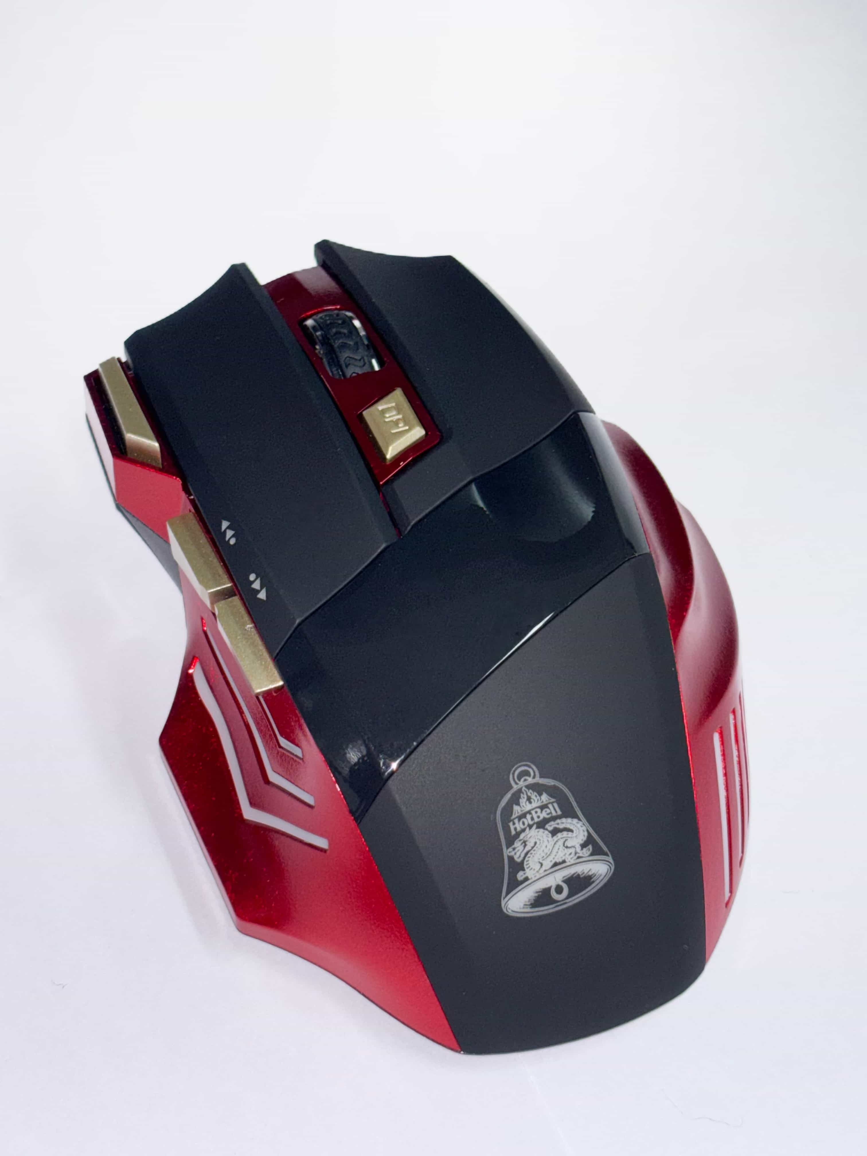 HotBell HGBM1 red and black wireless gaming mouse photographed from an elevated side angle on white background
