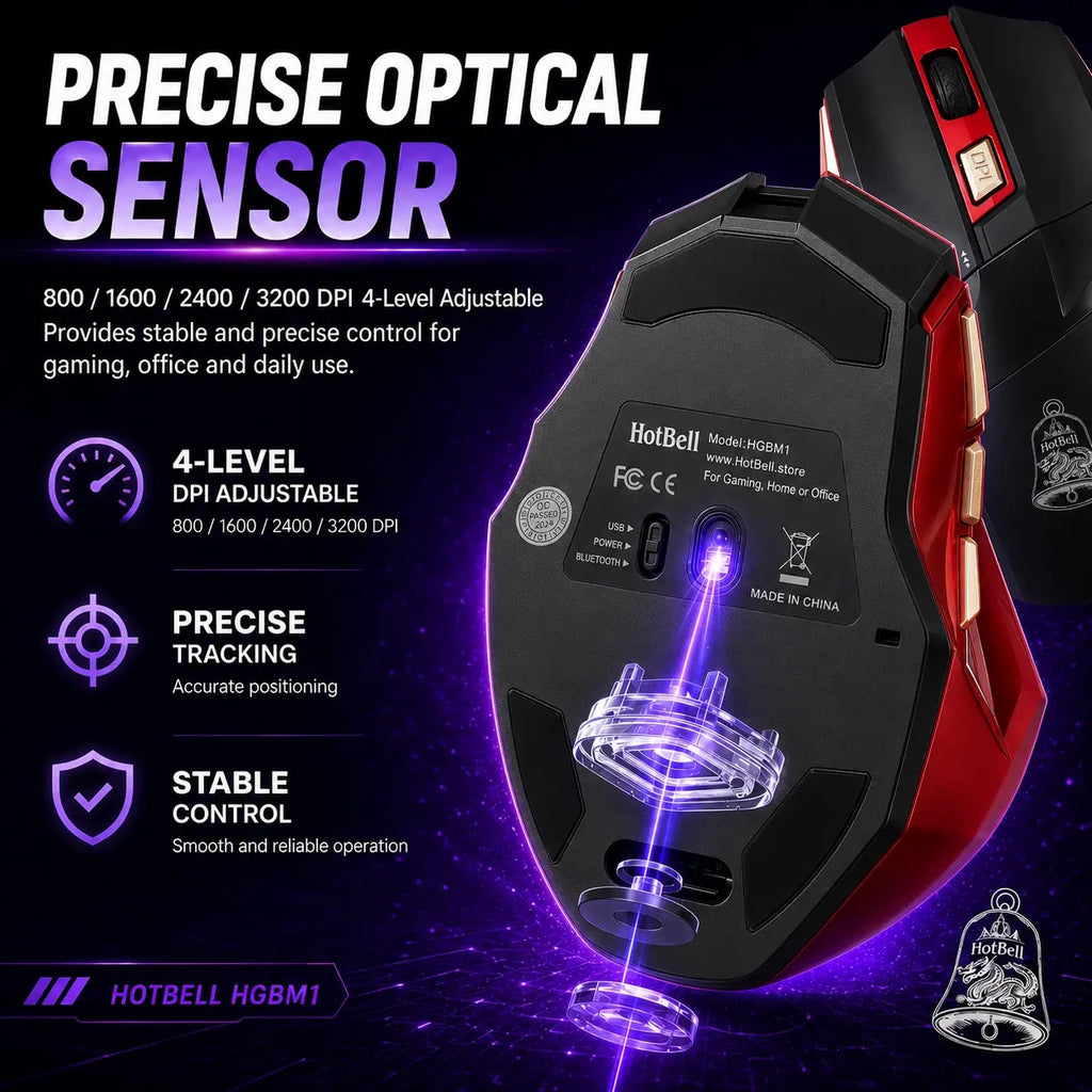 HotBell HGBM1 gaming mouse optical sensor with four adjustable DPI levels from 800 to 3200 for precise tracking