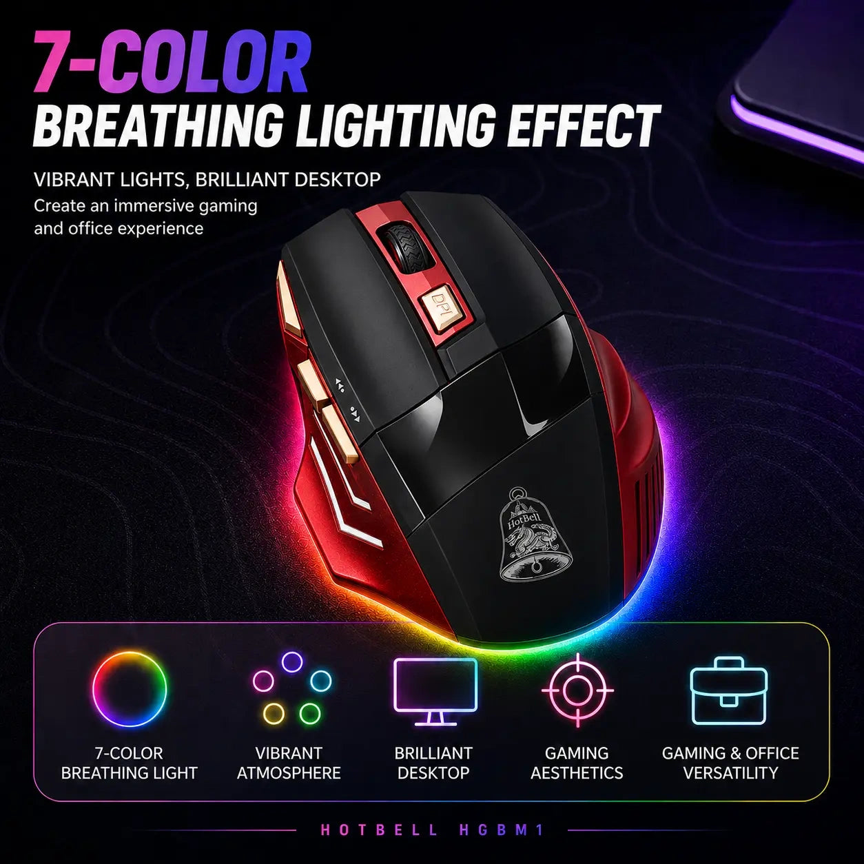 HotBell HGBM1 red and black gaming mouse with seven-color breathing light effect for gaming and office setups