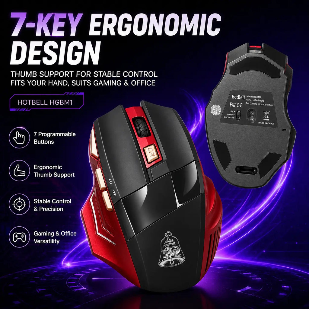 HotBell HGBM1 ergonomic wireless gaming mouse with seven buttons, thumb support, and right-handed design