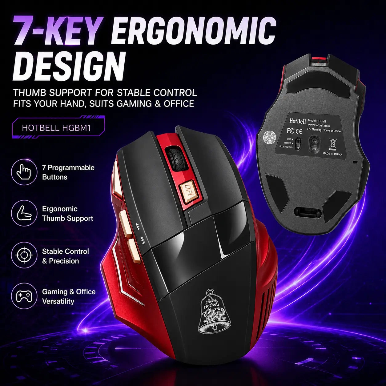 HotBell HGBM1 ergonomic wireless gaming mouse with seven buttons, thumb support, and right-handed design