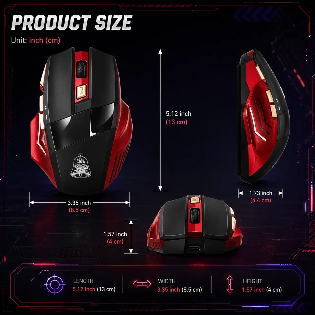 HotBell HGBM1 gaming mouse dimensions showing 5.12-inch length, 3.35-inch width, and 1.57-inch height