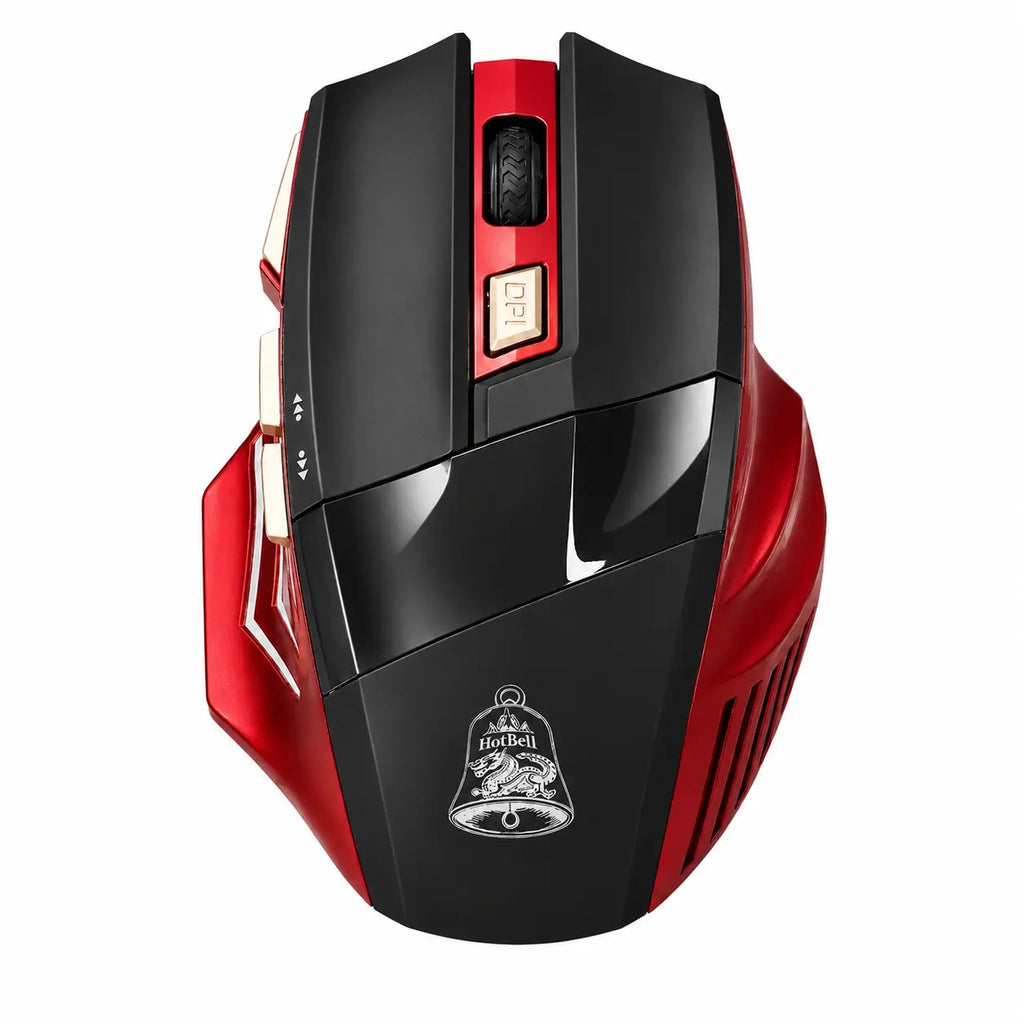 HotBell HGBM1 red and black wireless gaming mouse with scroll wheel, DPI button, side controls, and logo on white background