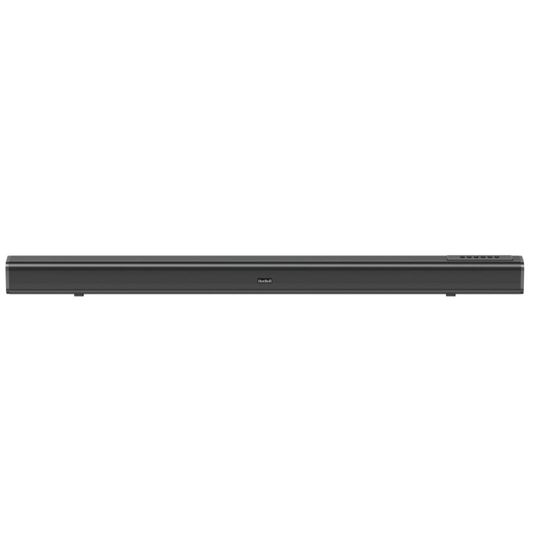 HotBell HBLS490 black Bluetooth soundbar with metal grille and top controls on a white background