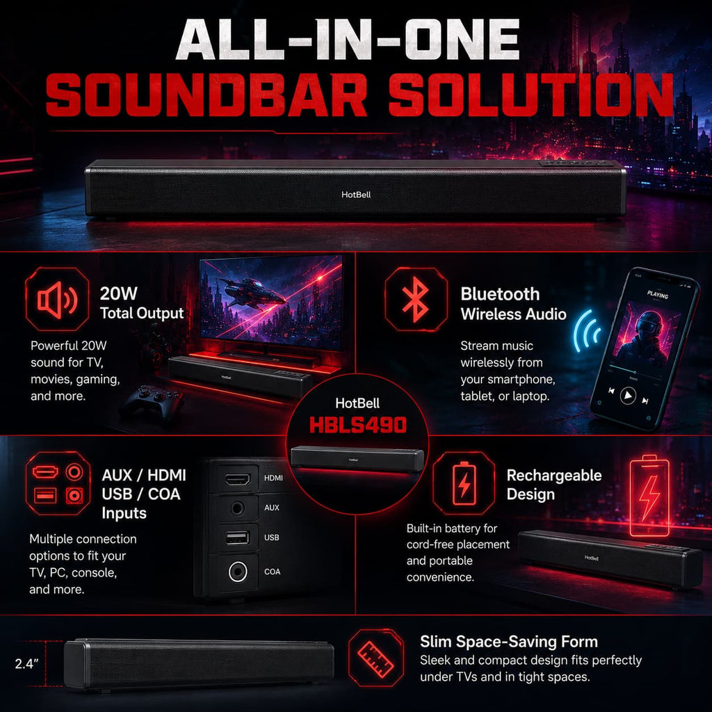 HotBell HBLS490 all-in-one Bluetooth soundbar with 20W output, rechargeable design, and multiple inputs