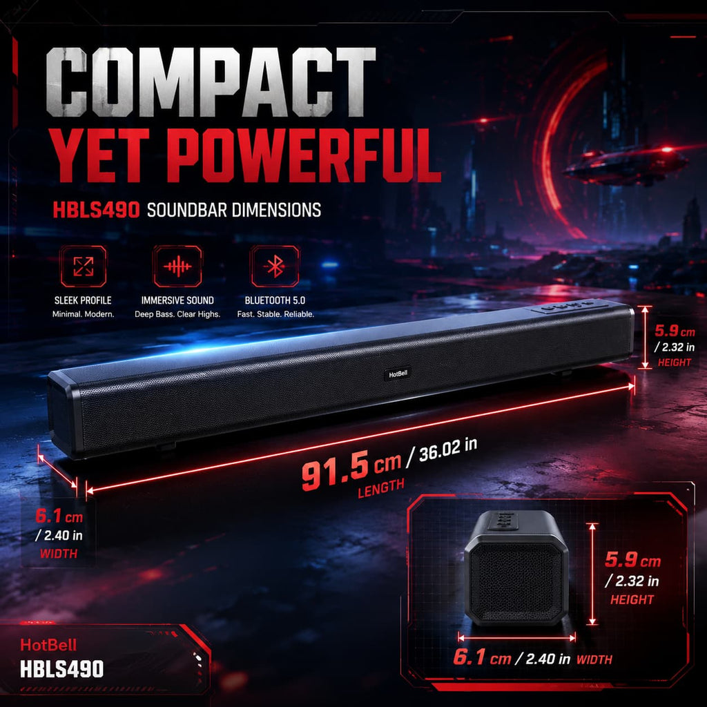 HotBell HBLS490 soundbar dimensions showing 36.02-inch length, 2.40-inch width, and 2.32-inch height