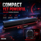 HotBell HBLS490 soundbar dimensions showing 36.02-inch length, 2.40-inch width, and 2.32-inch height