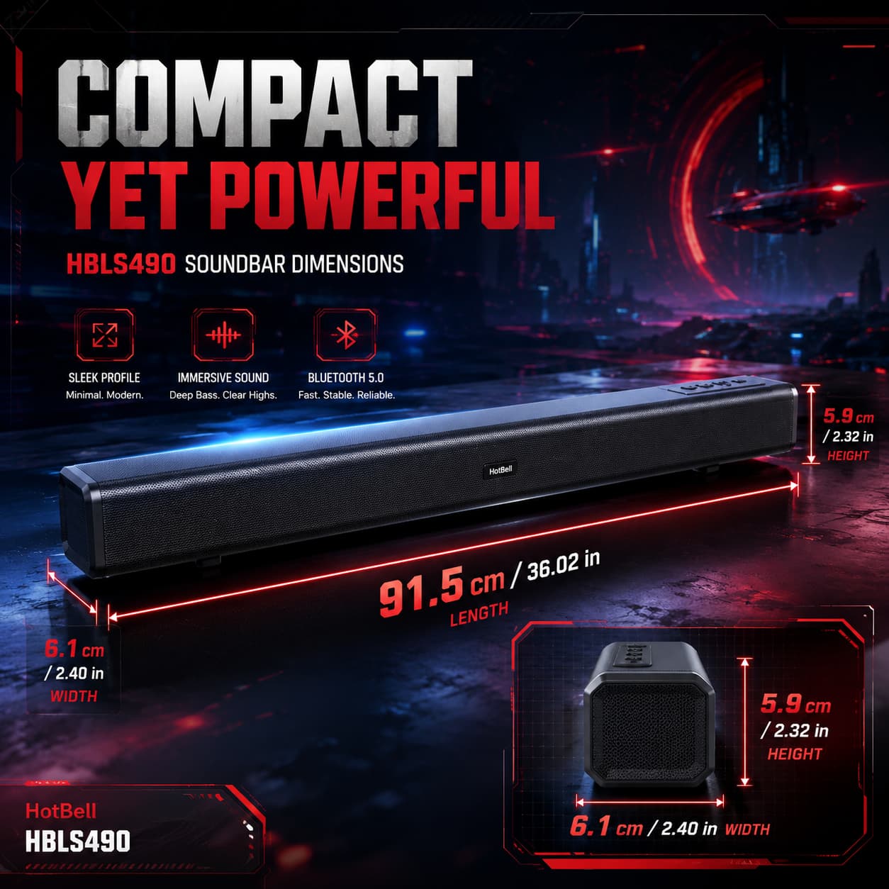 HotBell HBLS490 soundbar dimensions showing 36.02-inch length, 2.40-inch width, and 2.32-inch height