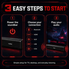 Three-step setup guide for HotBell HBLS490 soundbar using Bluetooth, HDMI, AUX, USB, or coaxial input