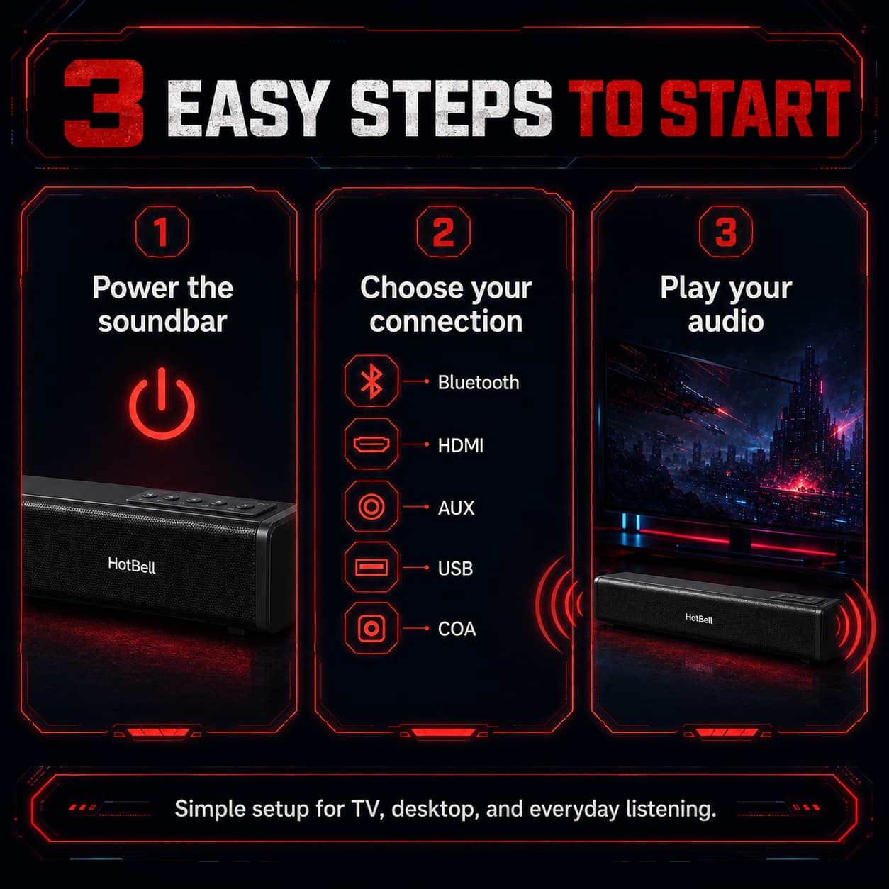 Three-step setup guide for HotBell HBLS490 soundbar using Bluetooth, HDMI, AUX, USB, or coaxial input