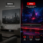 Before-and-after TV audio comparison showing a HotBell HBLS490 soundbar upgrade