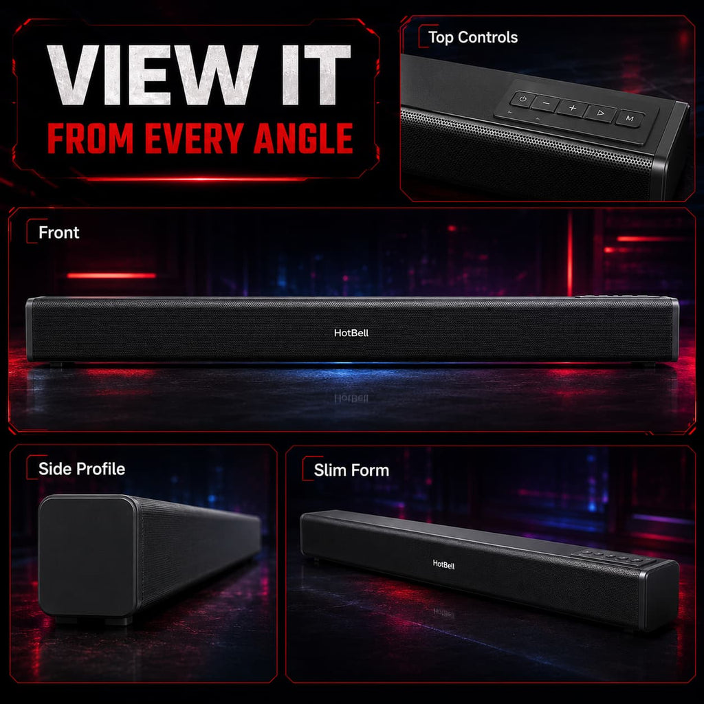 HotBell HBLS490 black soundbar shown from front, side, angled, and top-control views