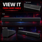 HotBell HBLS490 black soundbar shown from front, side, angled, and top-control views