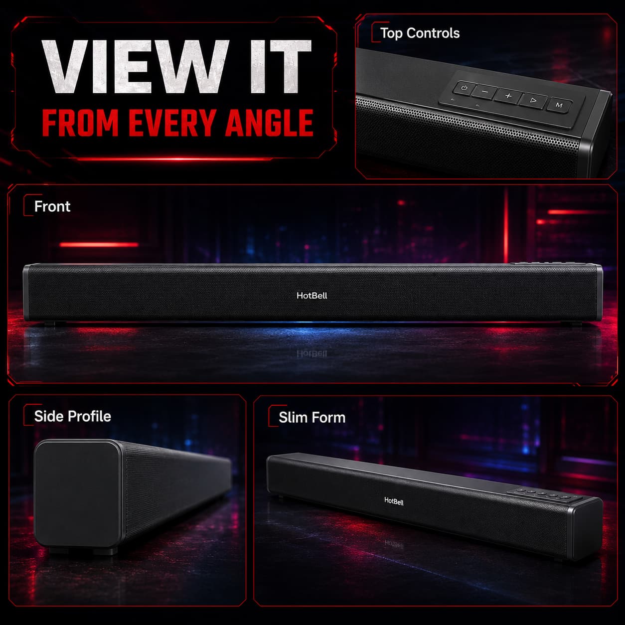 HotBell HBLS490 black soundbar shown from front, side, angled, and top-control views